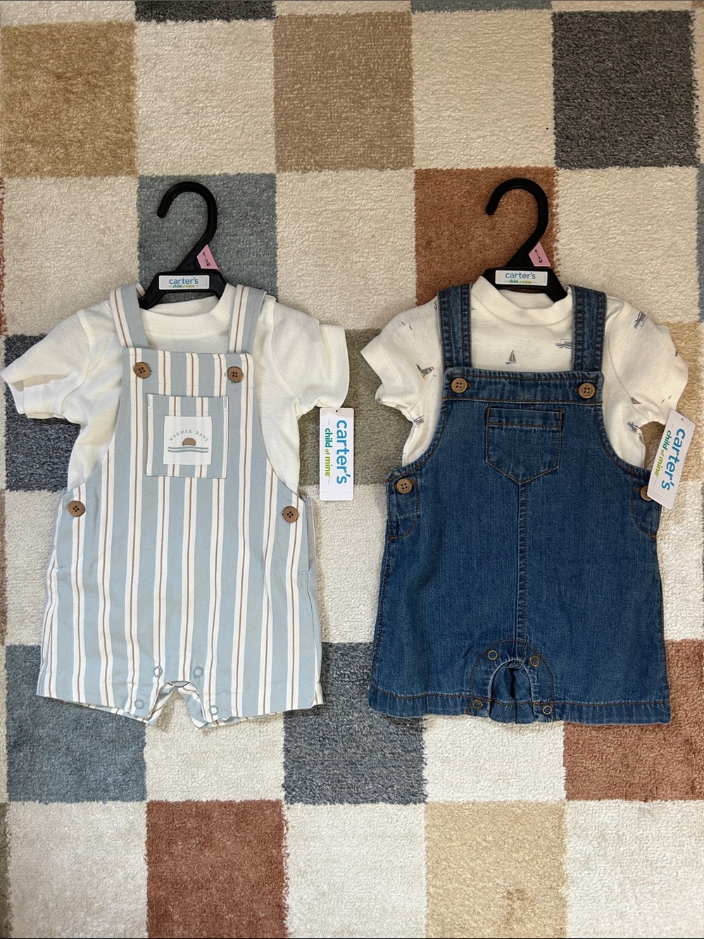 NWT Carter’s baby denim overalls and striped overalls 0-3 months